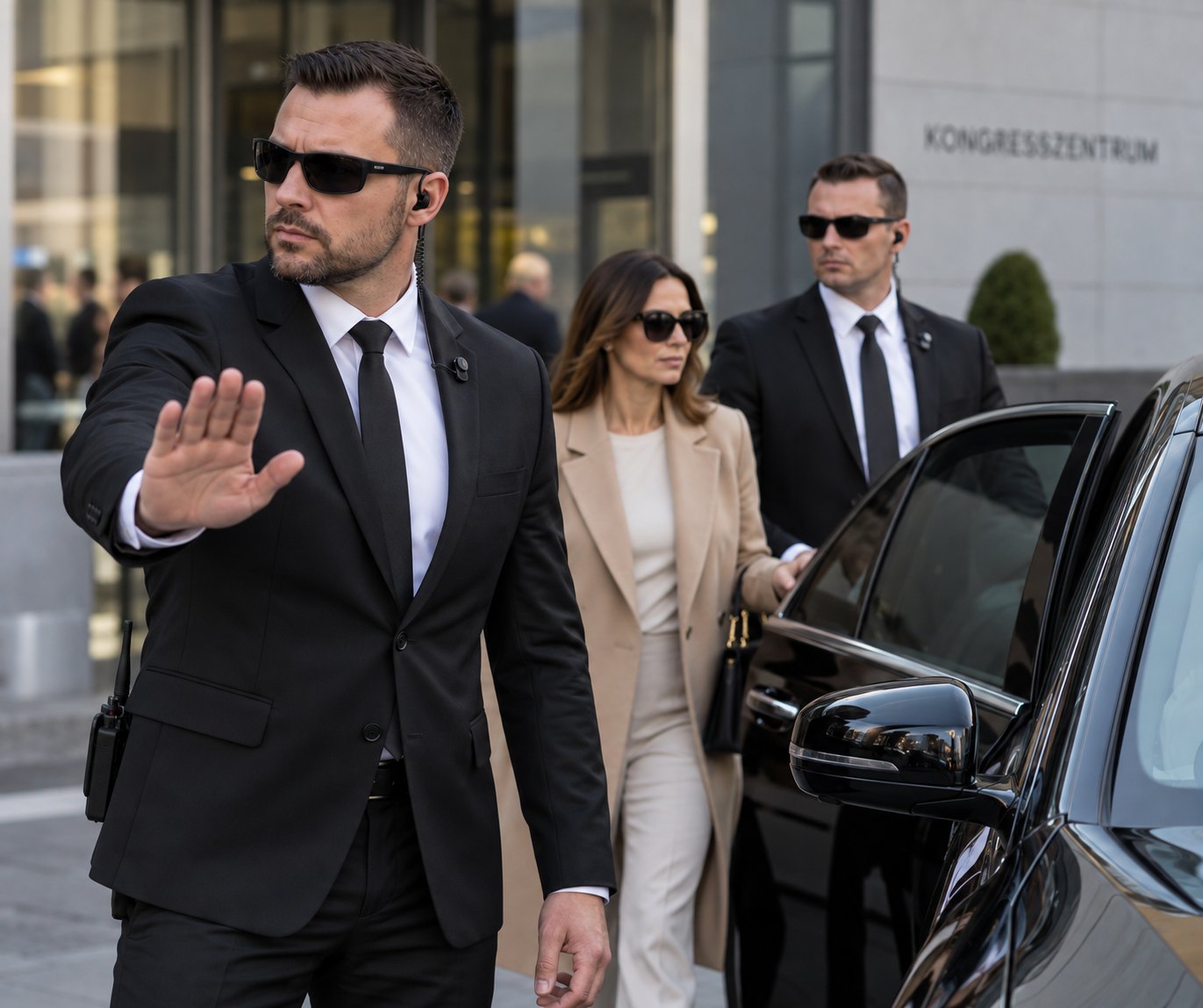 Zwei Personenschützer begleiten eine Frau vom Kongresszentrum zu einer schwarzen Limousine