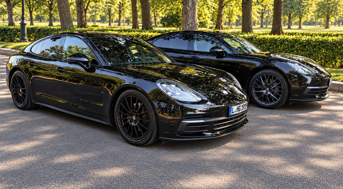 Zwei schwarze Porsche Panamera 4S des WachPro-Fahrdienstes unter Bäumen