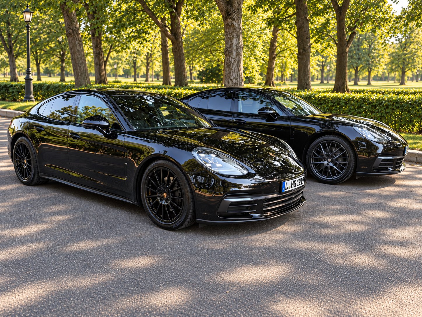 Zwei schwarze Porsche Panamera 4S des WachPro-Fahrdienstes unter Bäumen